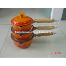 cast iron enamel milk pot with wood handle